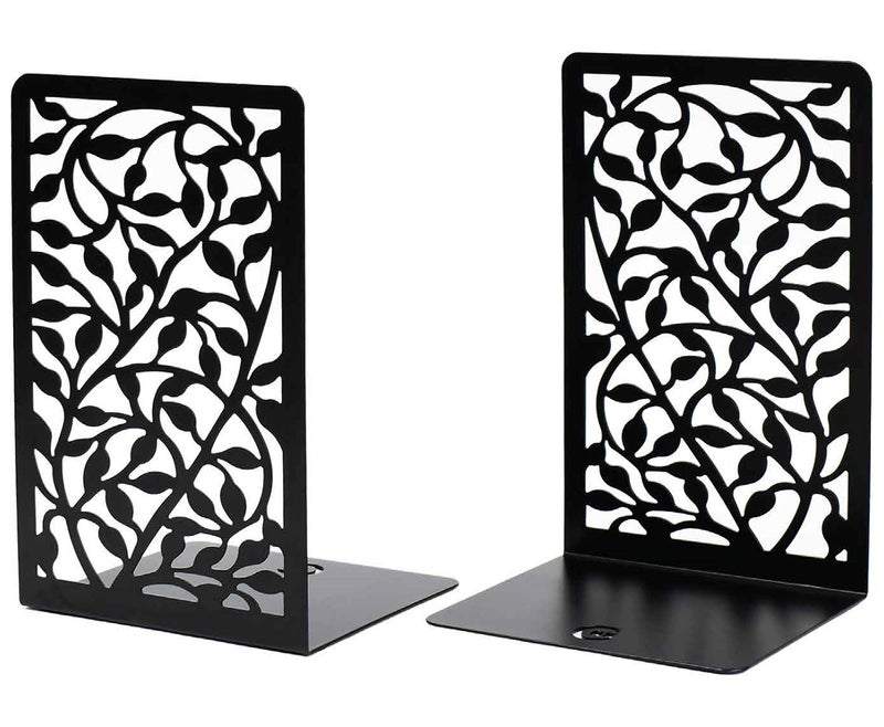 CNK Book Ends for Shelves - Metal Holders for Home Office Heavy Books, Shelf Stoppers, Decorative Set of 2 Black Infinite Leaves Bookends - Image 1